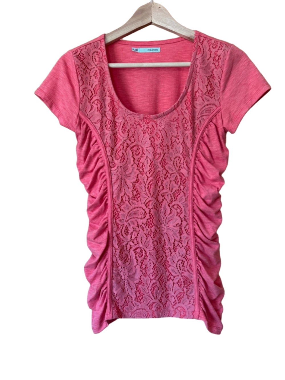 Maurices Coral Pink Lace-Front Ruched Short Sleeve Top size medium